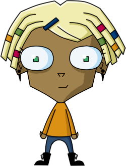 A girl, rendered in the Invader Zim art style. She has medium dark skin, wide green eyes, blonde hair styled in short dreadlocks with multicolored wraps, and faux tapers in her earlobes. She is wearing a long-sleeved orange shirt, blue jeans, and black boots with large buckles on the shins.