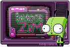 A purple tv displaying the Invader Zim logo, with GIR standing at one side