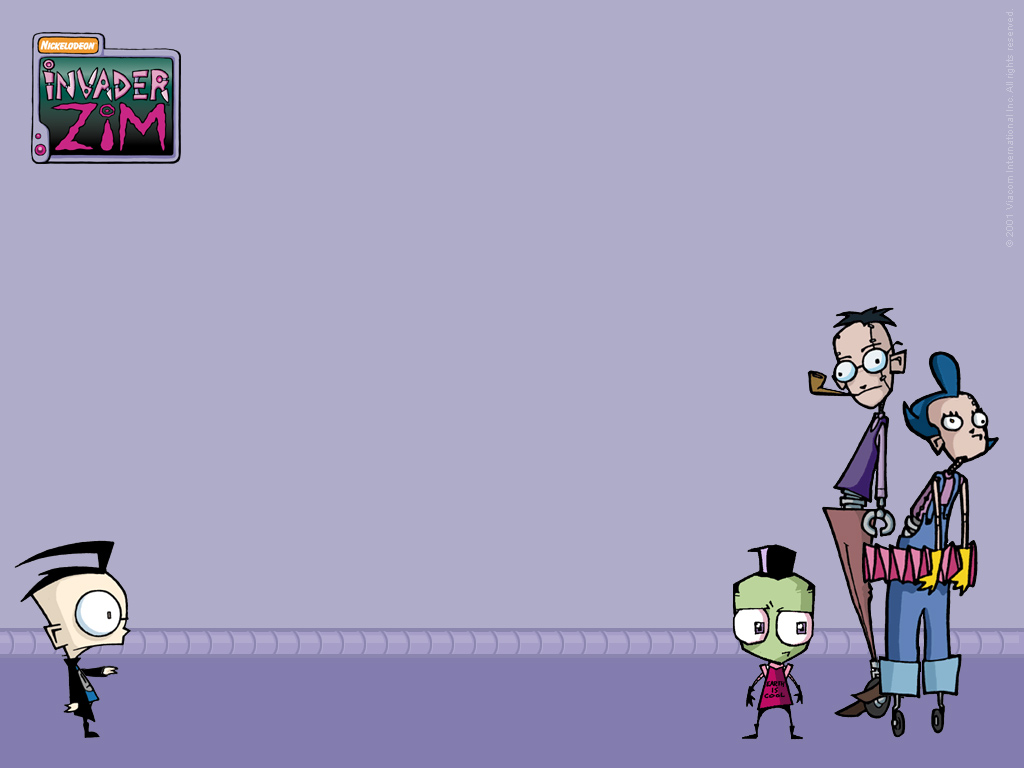Wallpaper featuring Dib on one side and Zim and the Roboparents on the other, with a light blue background