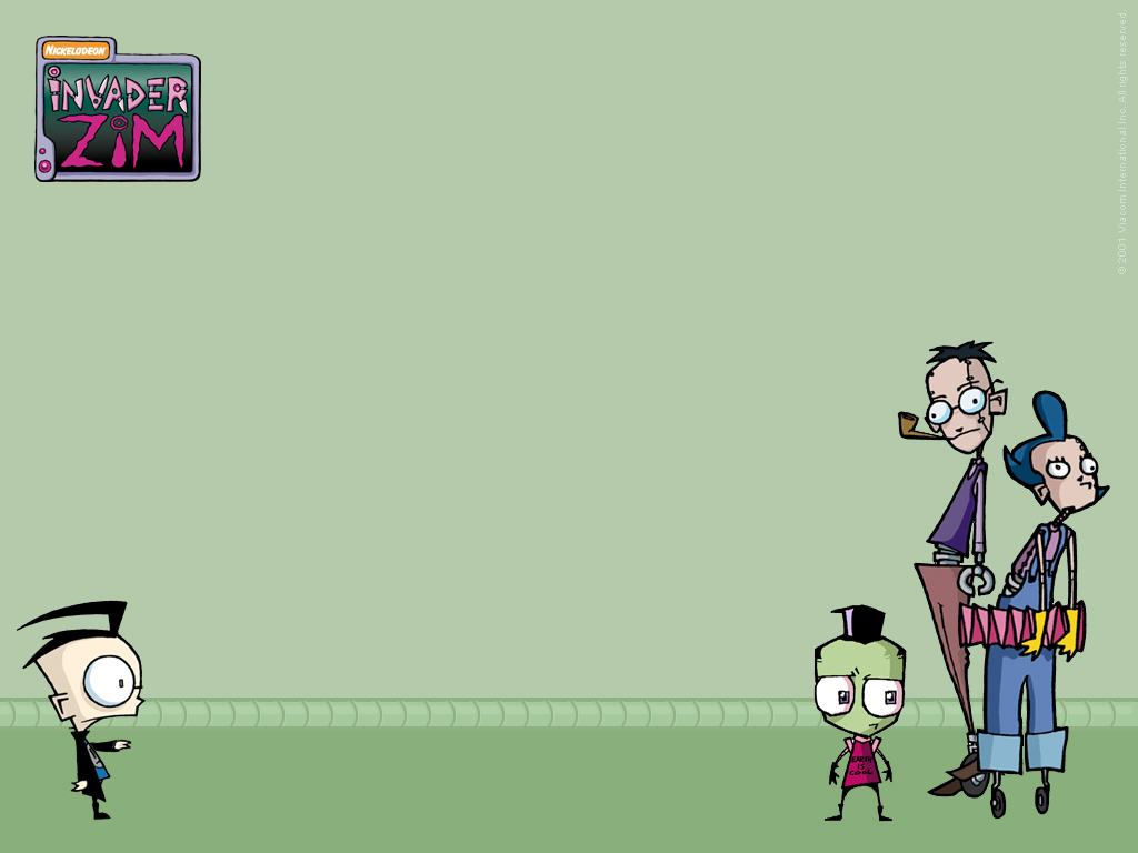 Wallpaper featuring Dib on one side and Zim and the Roboparents on the other, with a light green background