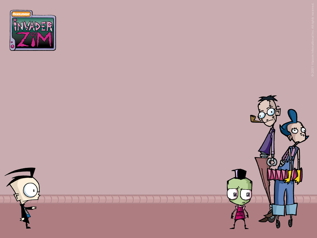Wallpaper featuring Dib on one side and Zim and the Roboparents on the other, with a light red background
