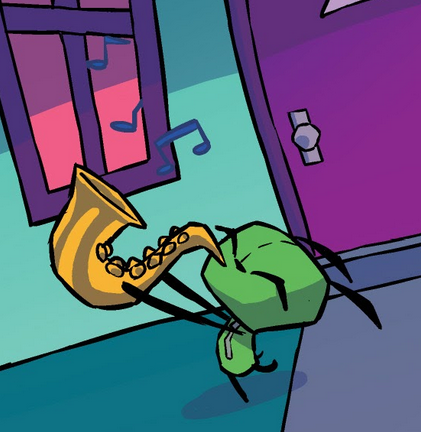 GIR playing a saxophone in front of Zim's house