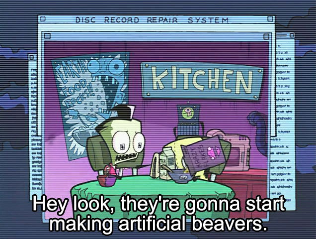 Series screenshot of Zim sitting at the breakfast table with GIR, reading a newspaper: 'Hey look, they're gonna start making artificial beavers!'