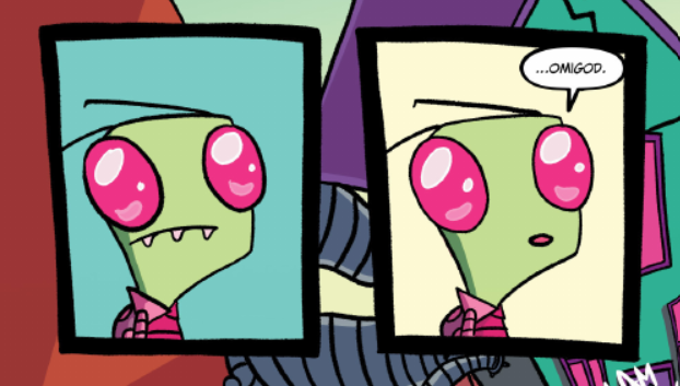 Zim from the comic, staring blankly before having a realization and muttering 'omigod.'