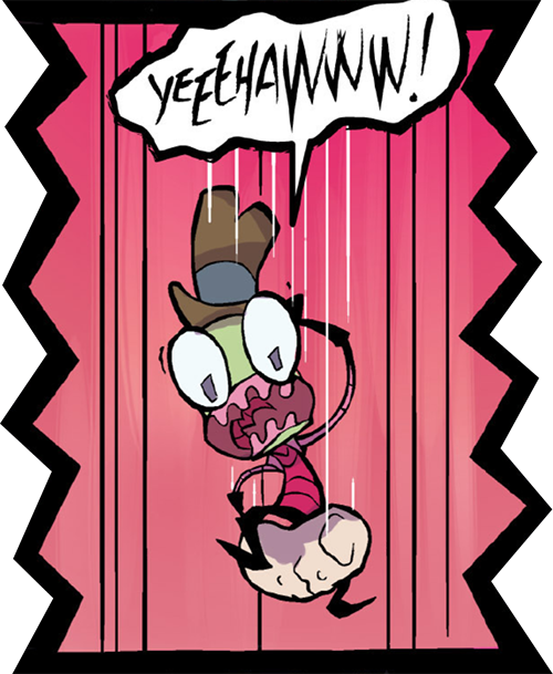 Invader Zim riding a giant Irken snack, wearing a cowboy hat and shouting 'YEEHAW!'
